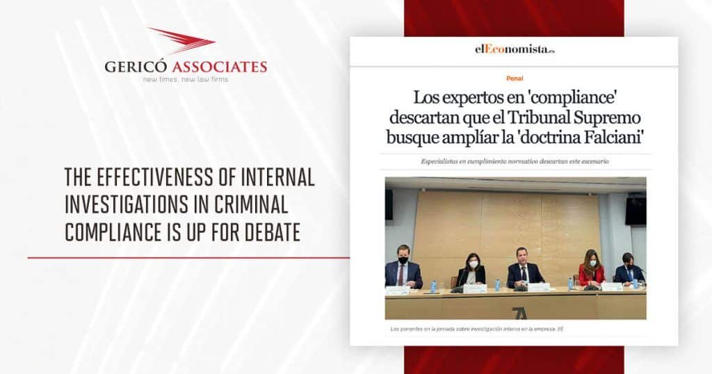 The effectiveness of internal investigations in criminal compliance at an event organized by Gericó Associates 1 Recorte de la noticia del evento de compliance penal publicada por elEconomista más el logo y titular de Gericó Associates